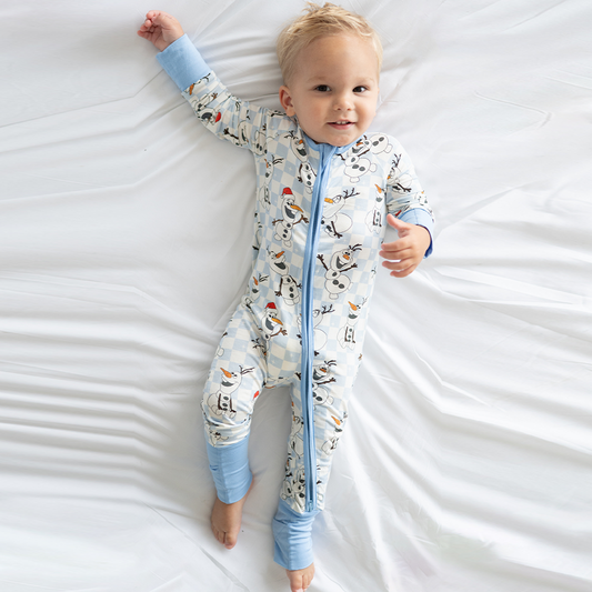 Christmas Big Face Snowman Blue Checkered Baby Bamboo Zipper Romper Pajamas bamboo clothing design - baby apparel bamboo clothing with custom design - baby wear front view