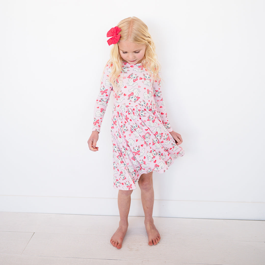 Valentine's Day Girl's Bow Cat Kid Bamboo Long Sleeve Dress