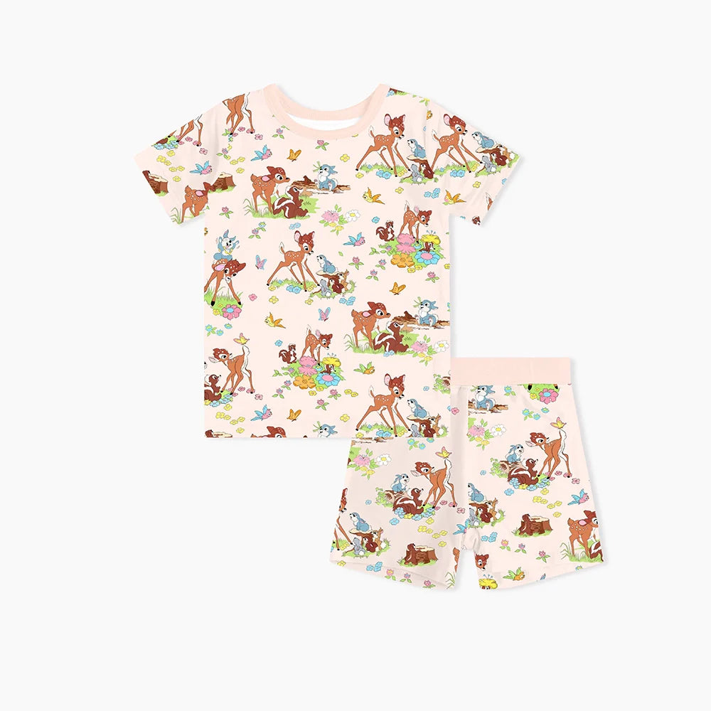 Little Deer Flowers Animals Bamboo Family Short Matching Pajamas