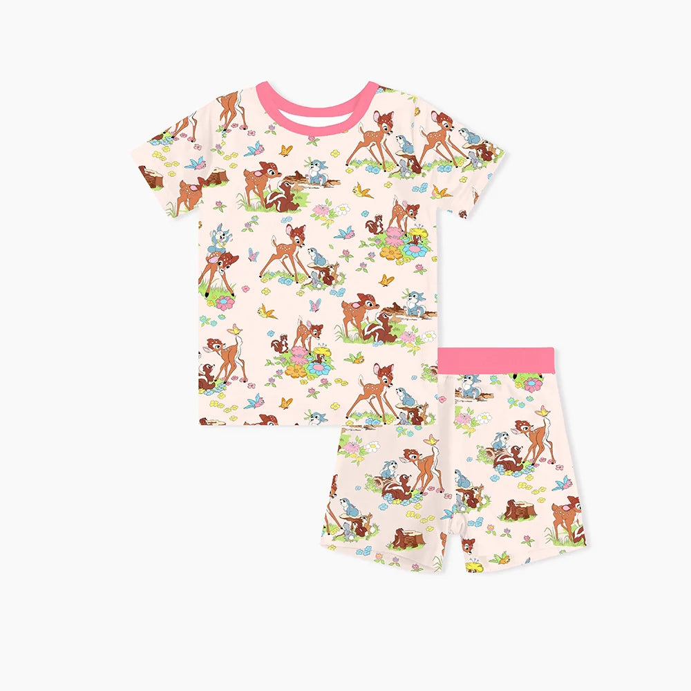 Little Deer Flowers Animals Pink Bamboo Family Short Matching Pajamas