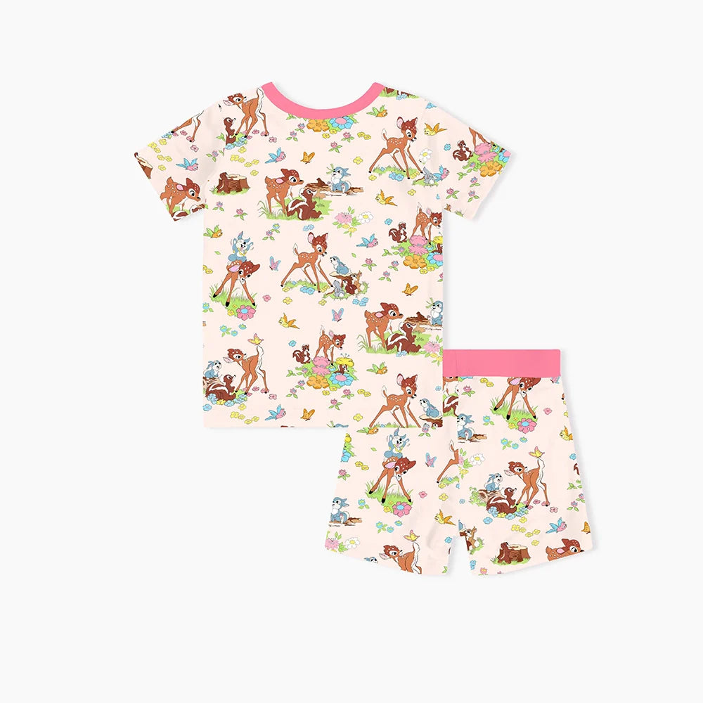 Little Deer Flowers Animals Pink Bamboo Family Short Matching Pajamas