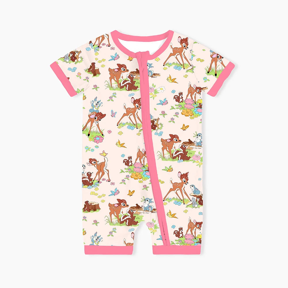 Little Deer Flowers Animals Pink Bamboo Family Short Matching Pajamas