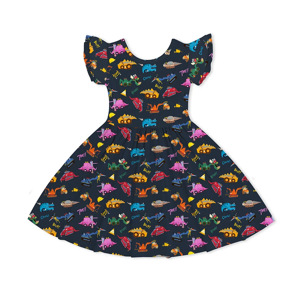 Dinosaur Digger Kids Bamboo Short Sleeves Dress