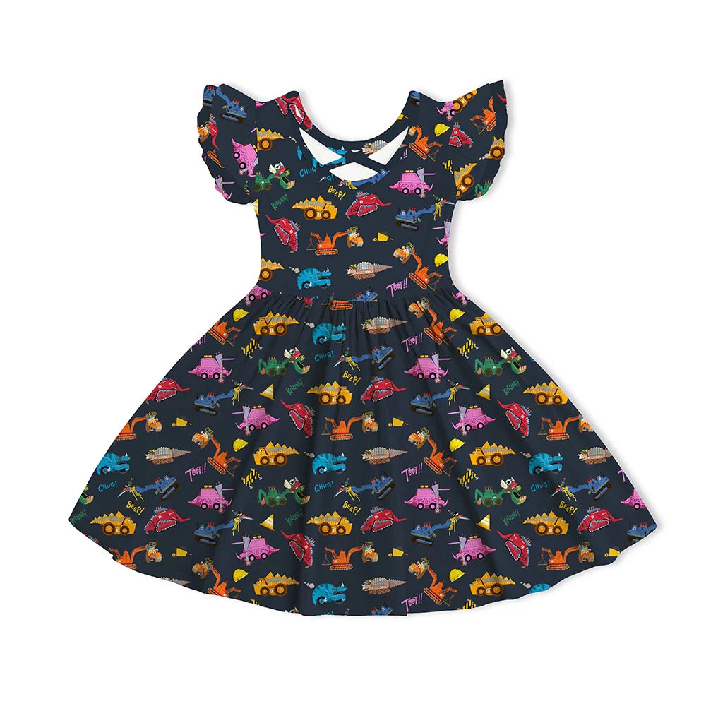 Dinosaur Digger Kids Bamboo Short Sleeves Dress