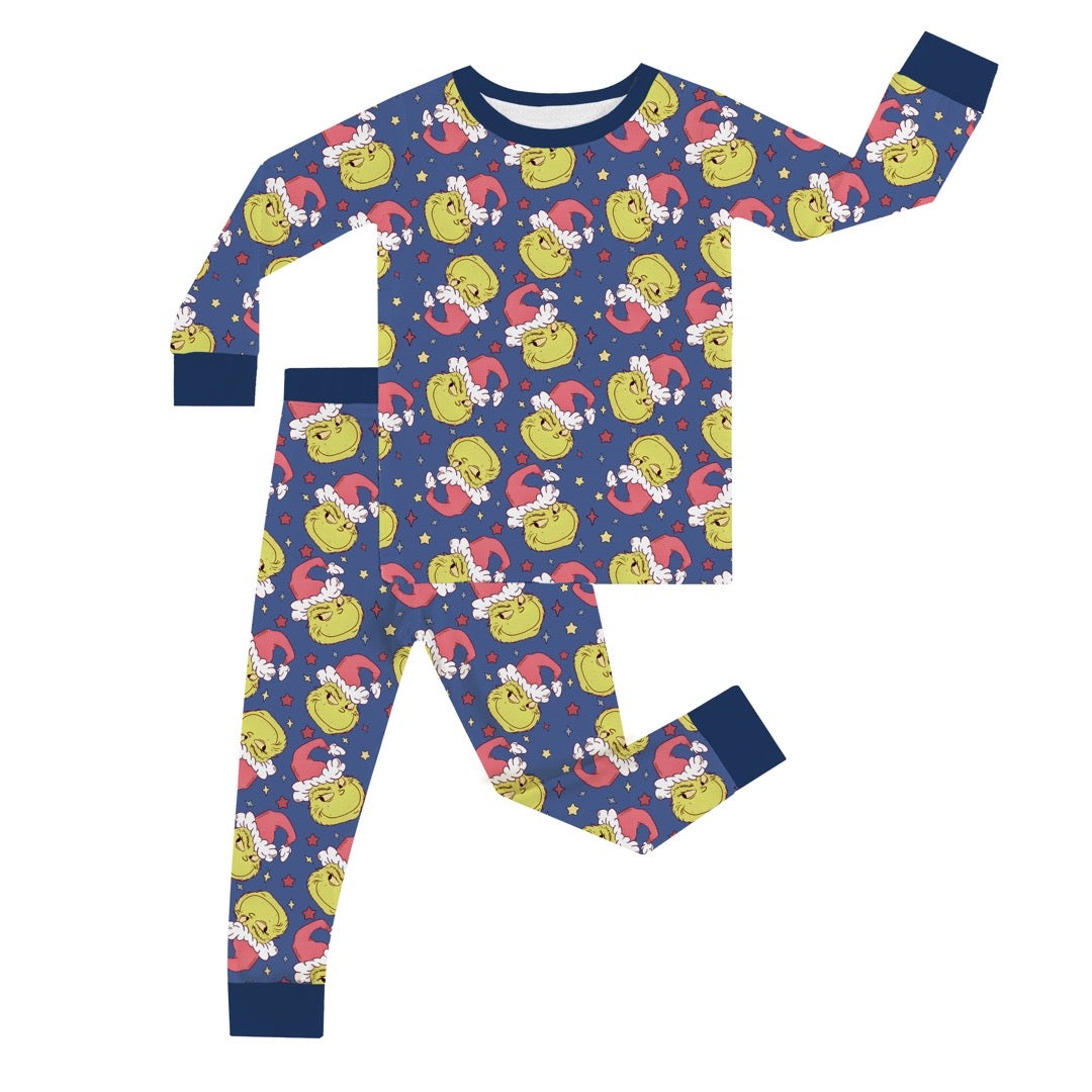 Dark Blue Christmas Green Guy Kids Bamboo Two-Piece Pajama Set