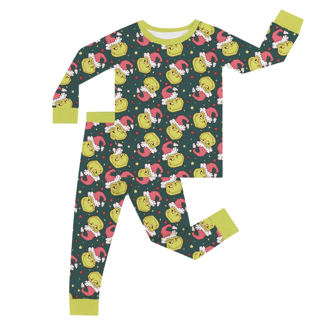 Blue Christmas Green Guy Kids Bamboo Two-Piece Pajama Set