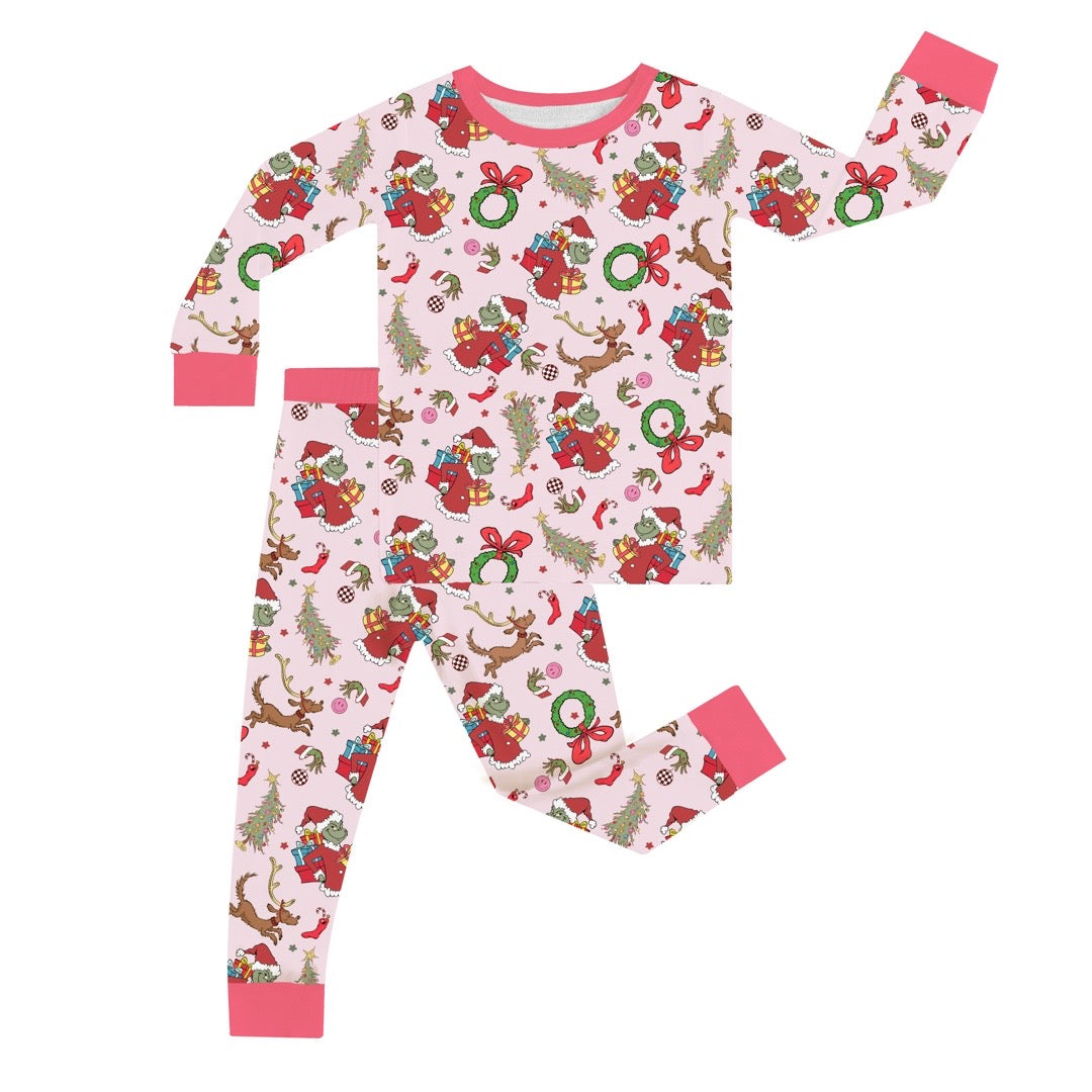 Front view of Christmas deer on bamboo pajama top Santa helper