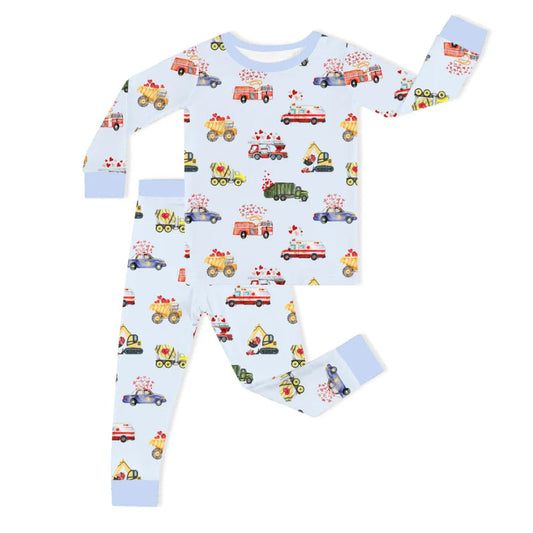 Valentine Hearts On Wheels Kids Bamboo Two Piece Pajama Set bamboo clothing design - baby apparel bamboo clothing with custom design - baby wear front view