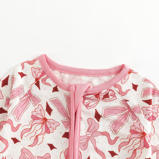Bow Pink Bamboo Long Sleeper Romper bamboo clothing design - baby apparel bamboo clothing with custom design - baby wear front view