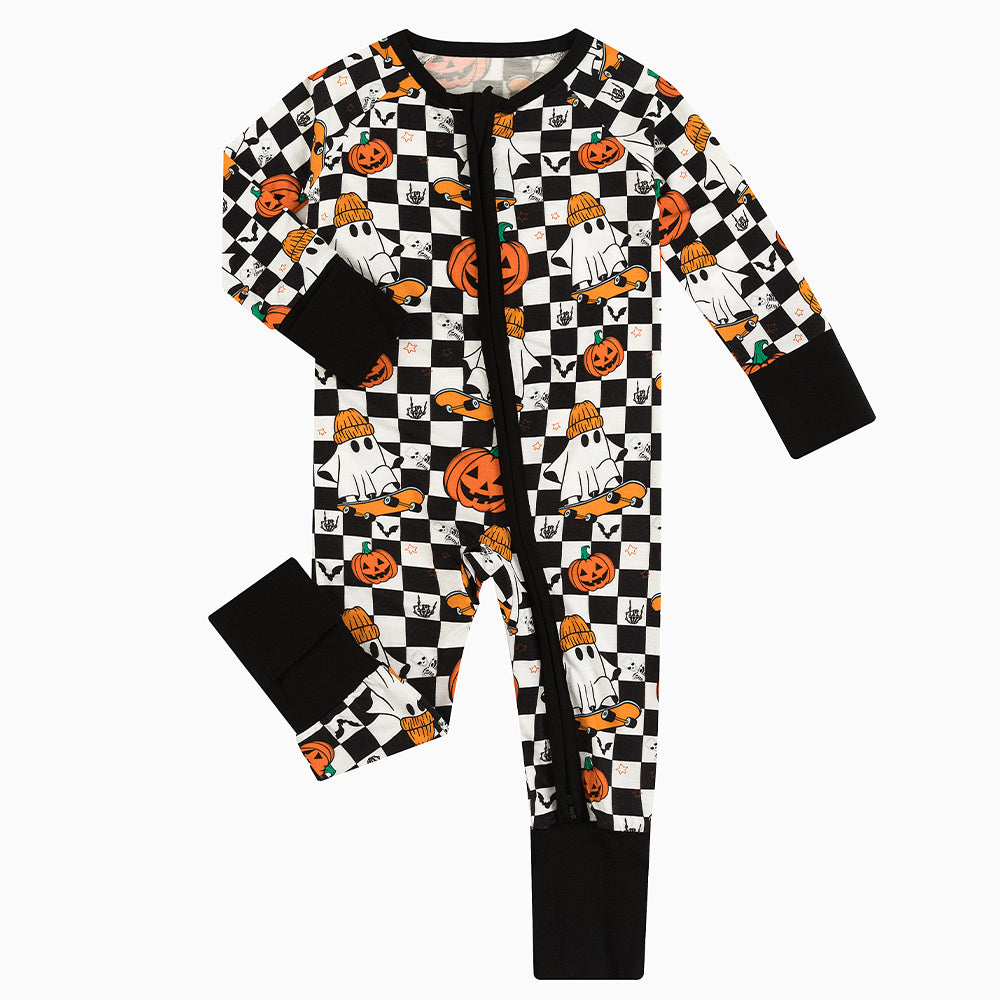 Halloween Skateboard Ghost Pumpkin Baby Bamboo Zipper Romper Pajamas