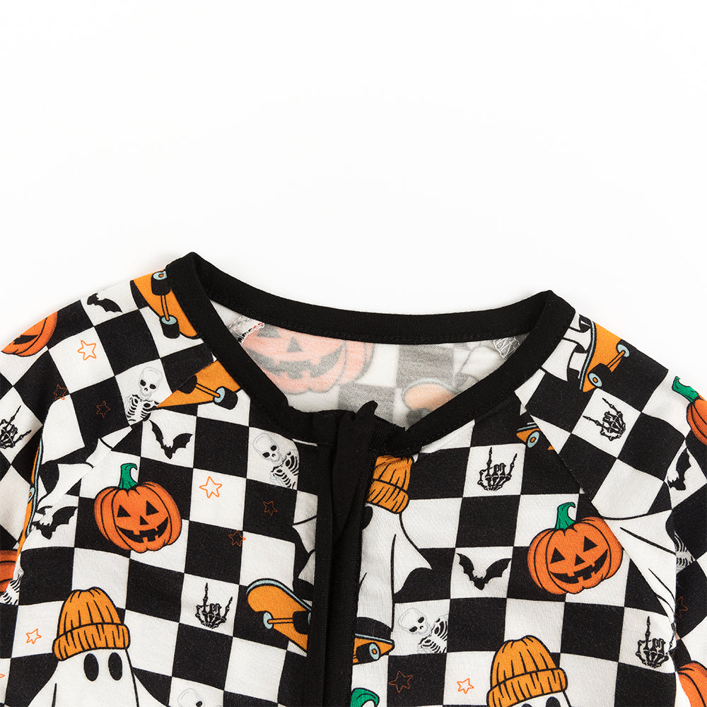 Halloween Skateboard Ghost Pumpkin Baby Bamboo Zipper Romper Pajamas