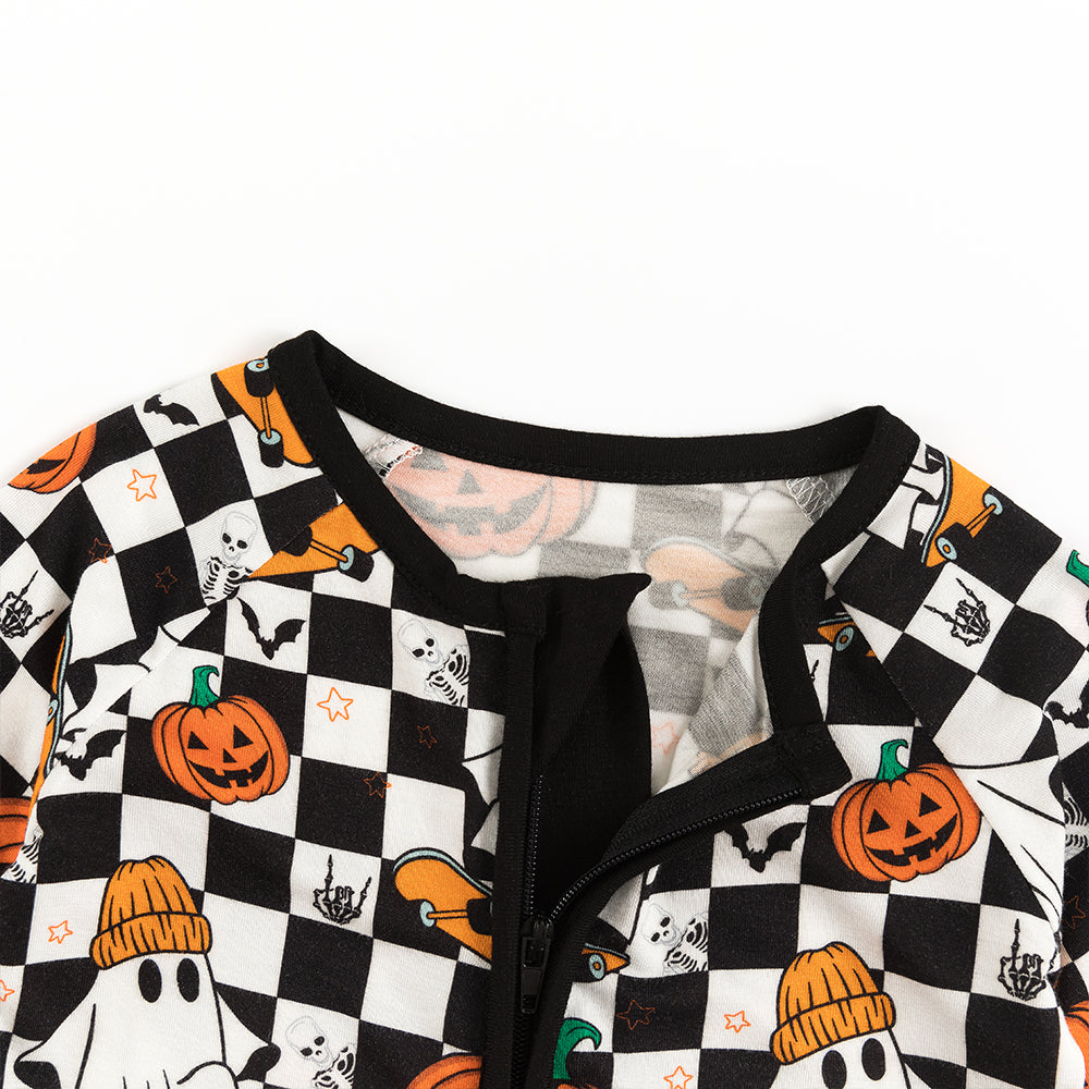 Halloween Skateboard Ghost Pumpkin Baby Bamboo Zipper Romper Pajamas