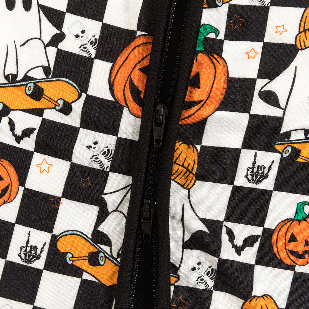 Halloween Skateboard Ghost Pumpkin Baby Bamboo Zipper Romper Pajamas