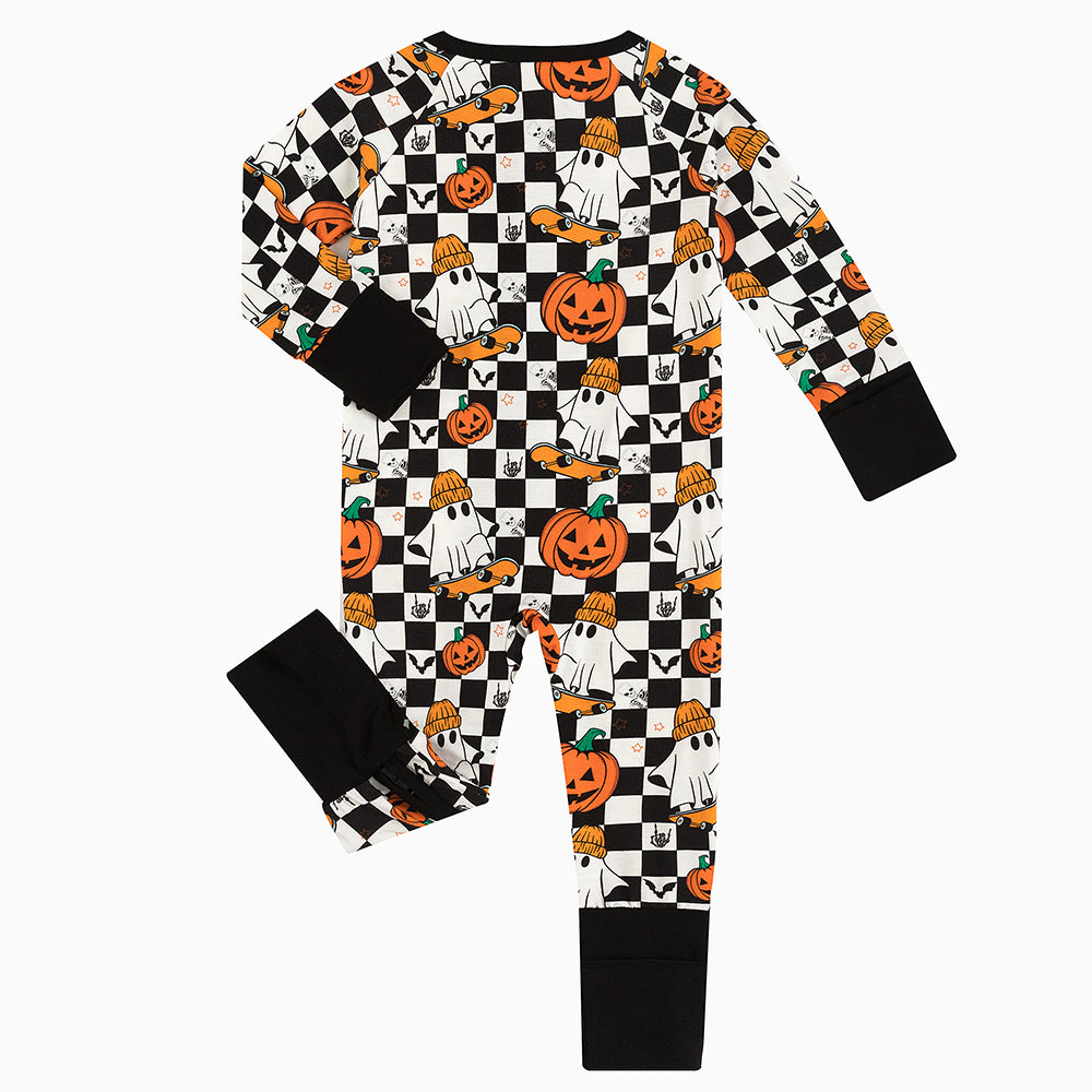 Halloween Skateboard Ghost Pumpkin Baby Bamboo Zipper Romper Pajamas