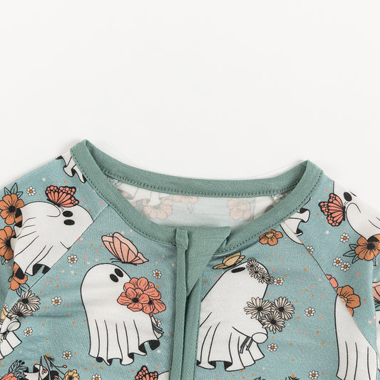 Halloween Green Ghost Flowers Baby Bamboo Zipper Romper Pajamas bamboo clothing design - baby apparel bamboo clothing with custom design - baby wear front view