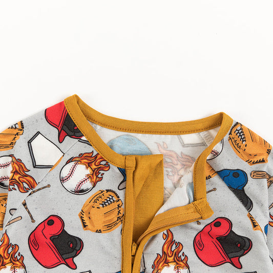 Grey American Football Baby Bamboo Zipper Romper bamboo clothing design - baby apparel bamboo clothing with custom design - baby wear front view