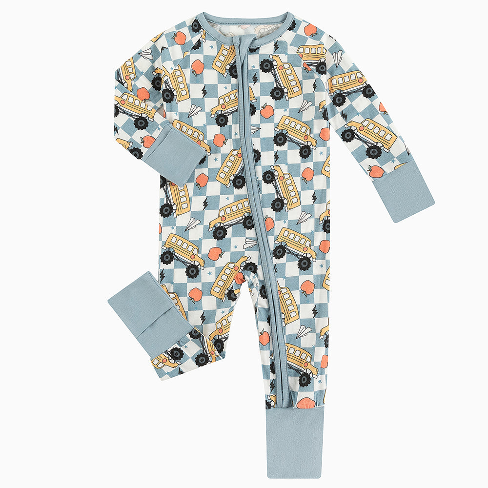 Plaid Car Lightning Baby Bamboo Zipper Romper Pajamas