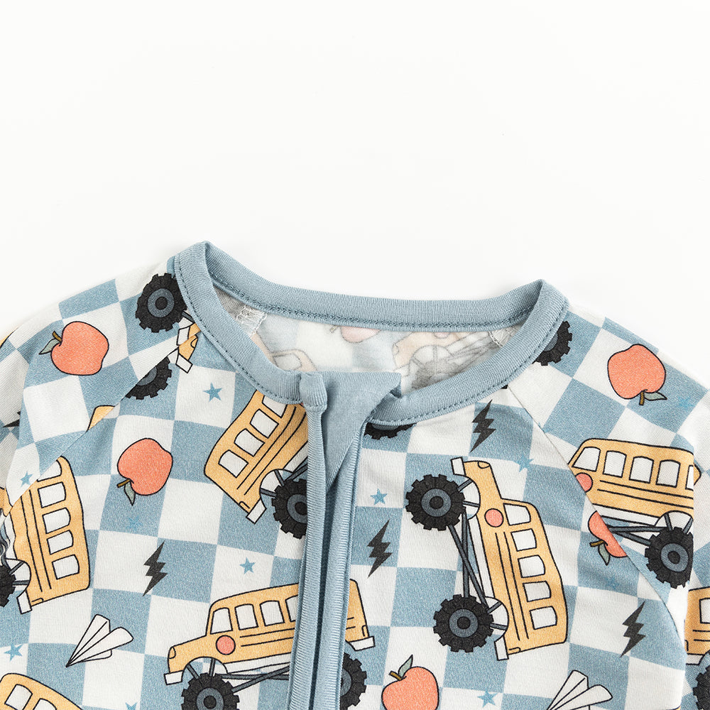 Plaid Car Lightning Baby Bamboo Zipper Romper Pajamas