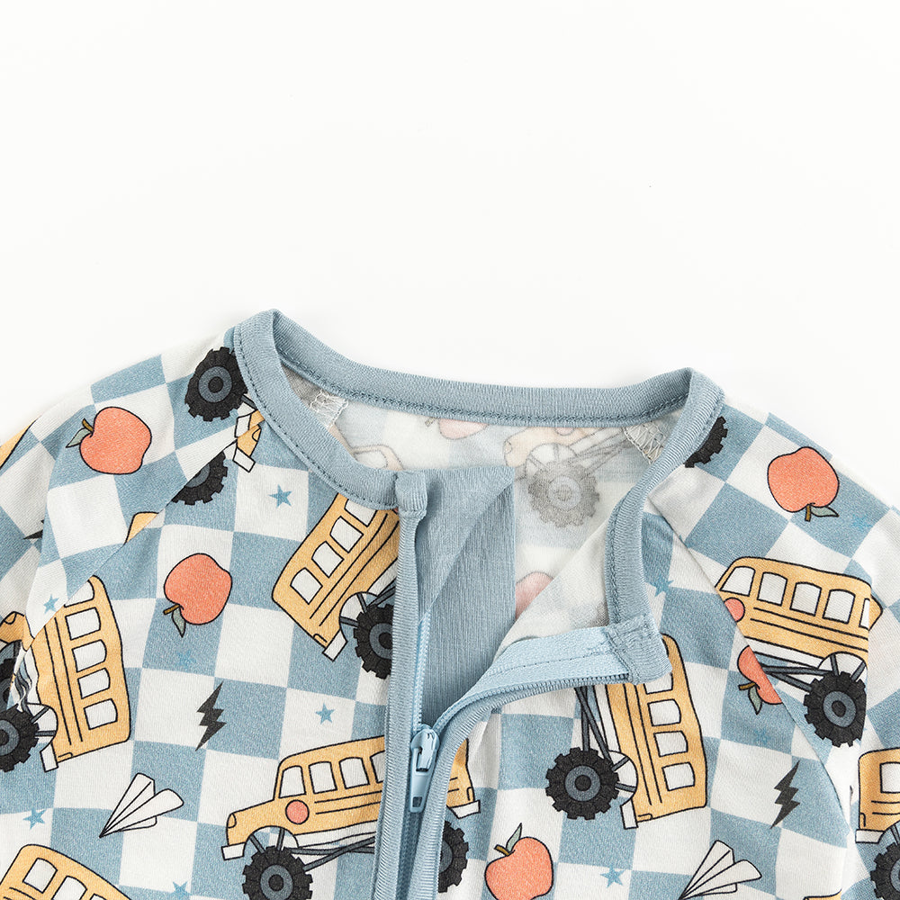 Plaid Car Lightning Baby Bamboo Zipper Romper Pajamas