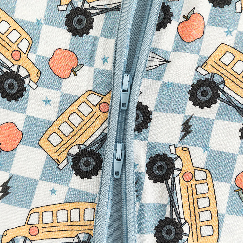 Plaid Car Lightning Baby Bamboo Zipper Romper Pajamas