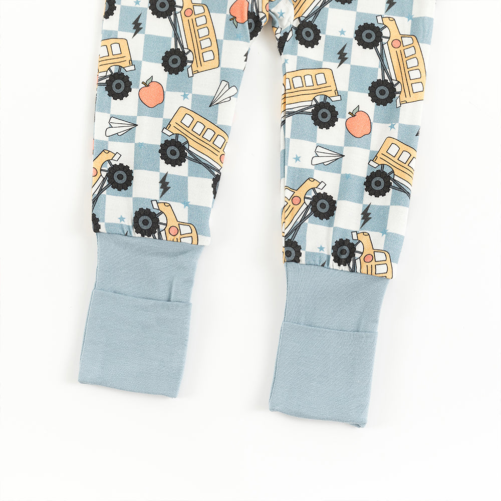 Plaid Car Lightning Baby Bamboo Zipper Romper Pajamas