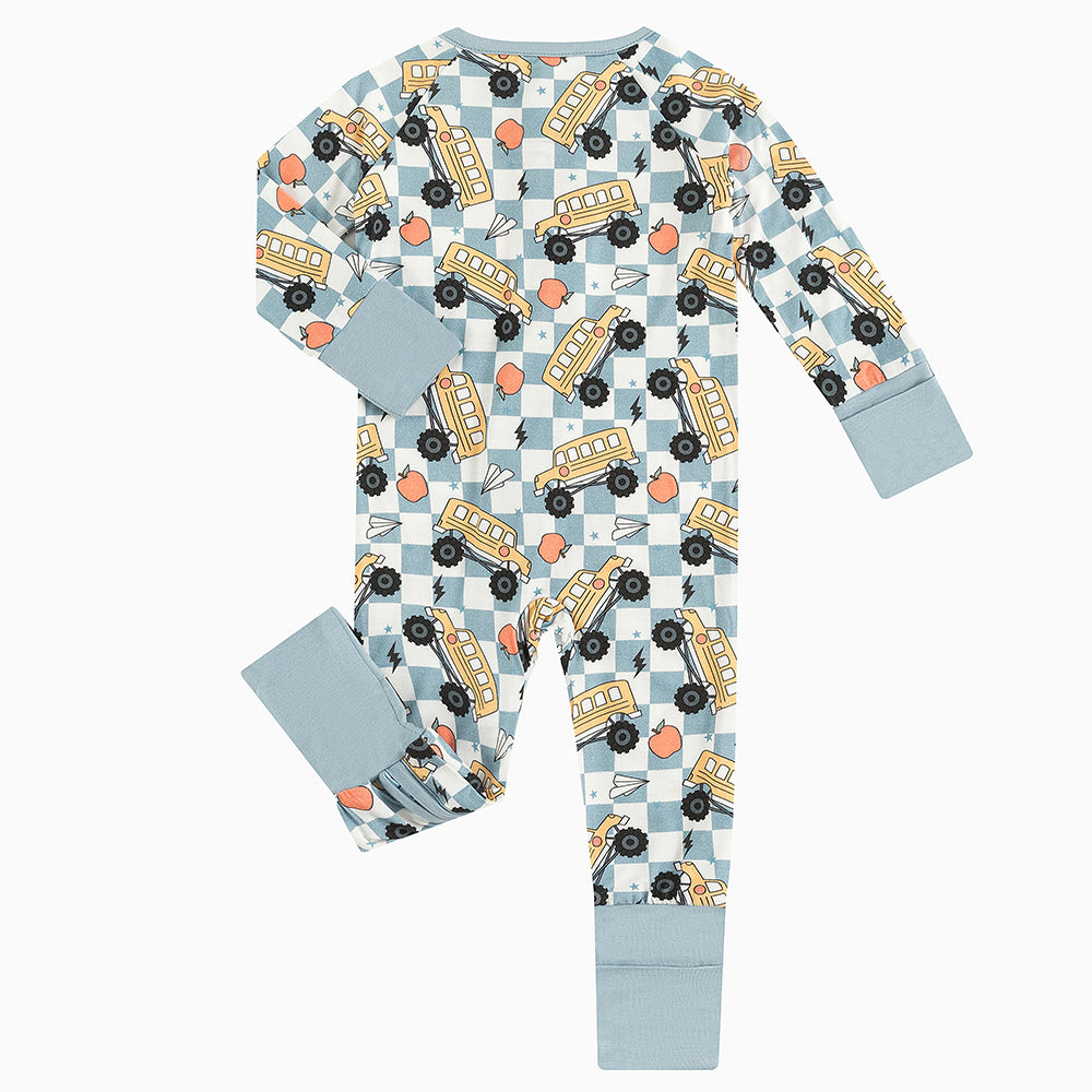 Plaid Car Lightning Baby Bamboo Zipper Romper Pajamas