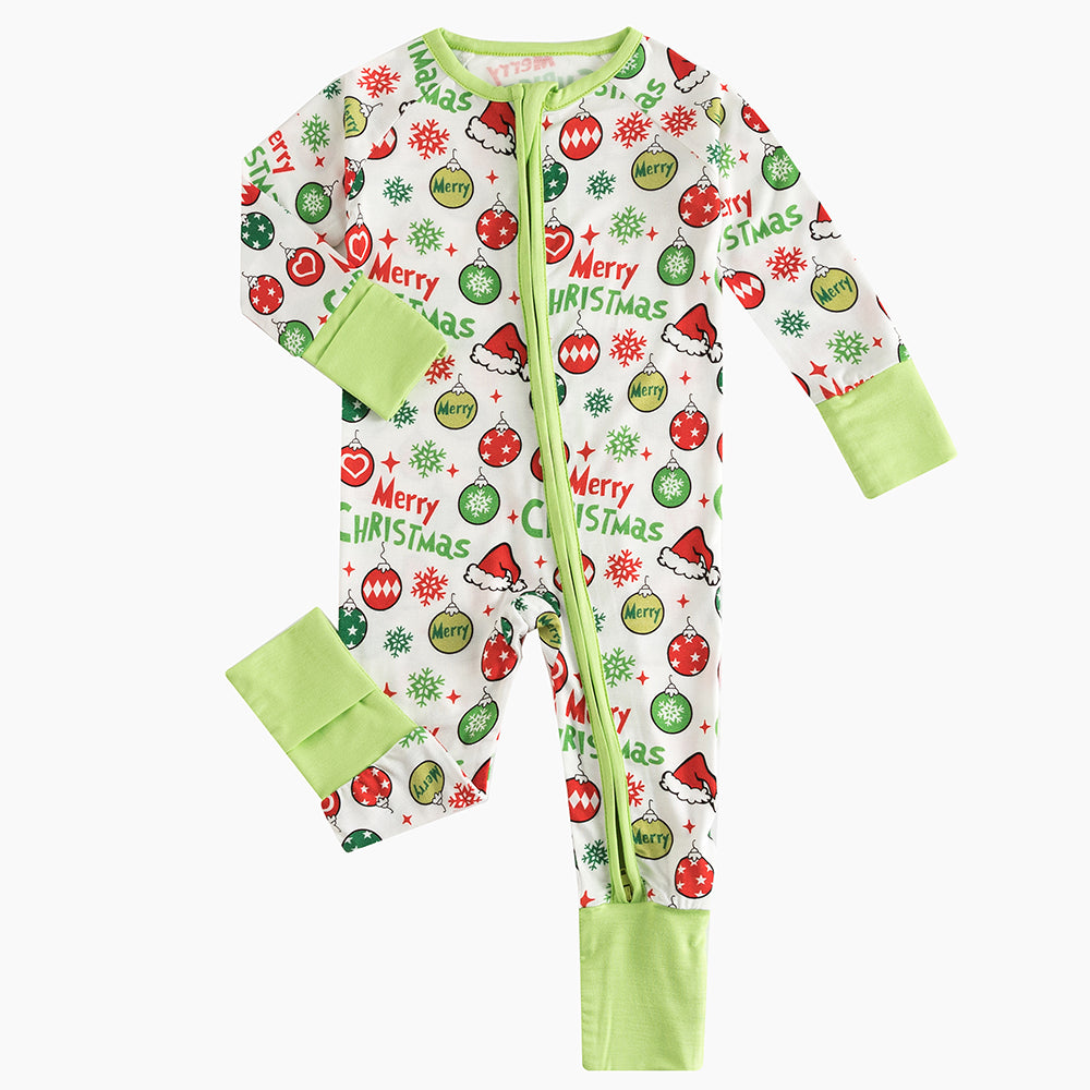 Merry Christmas Snowflake Baby Bamboo Zipper Romper Pajamas