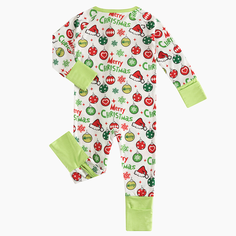 Merry Christmas Snowflake Baby Bamboo Zipper Romper Pajamas
