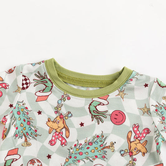 Christmas Green Cartoon Figure Kids Bamboo 2 Piece Pajama Set Green bamboo clothing design - baby apparel bamboo clothing with custom design - baby wear front view