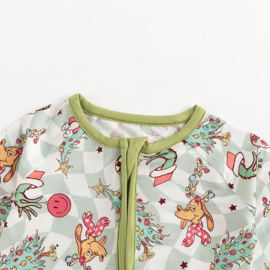 Christmas Green Cartoon Figure Baby Bamboo Zipper Romper Green bamboo clothing design - baby apparel bamboo clothing with custom design - baby wear front view