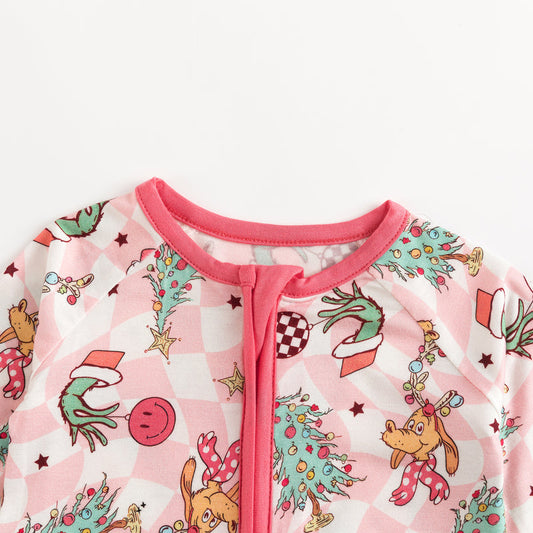 Christmas Green Cartoon Figure Baby Pink Bamboo Zipper Romper Pink bamboo clothing design - baby apparel bamboo clothing with custom design - baby wear front view