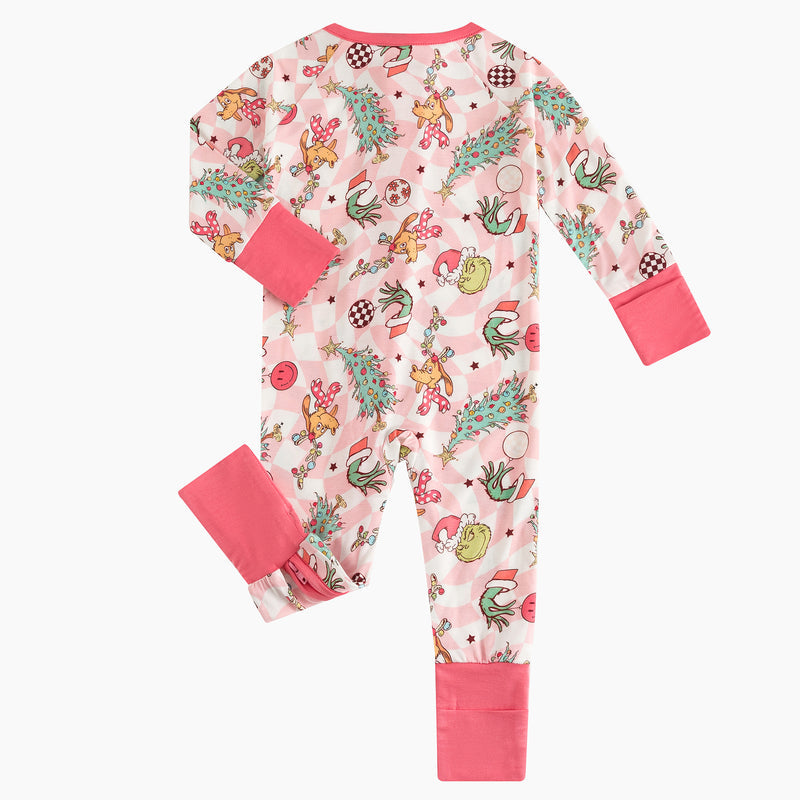 Christmas Green Cartoon Figure Baby Pink Bamboo Zipper Romper Pink
