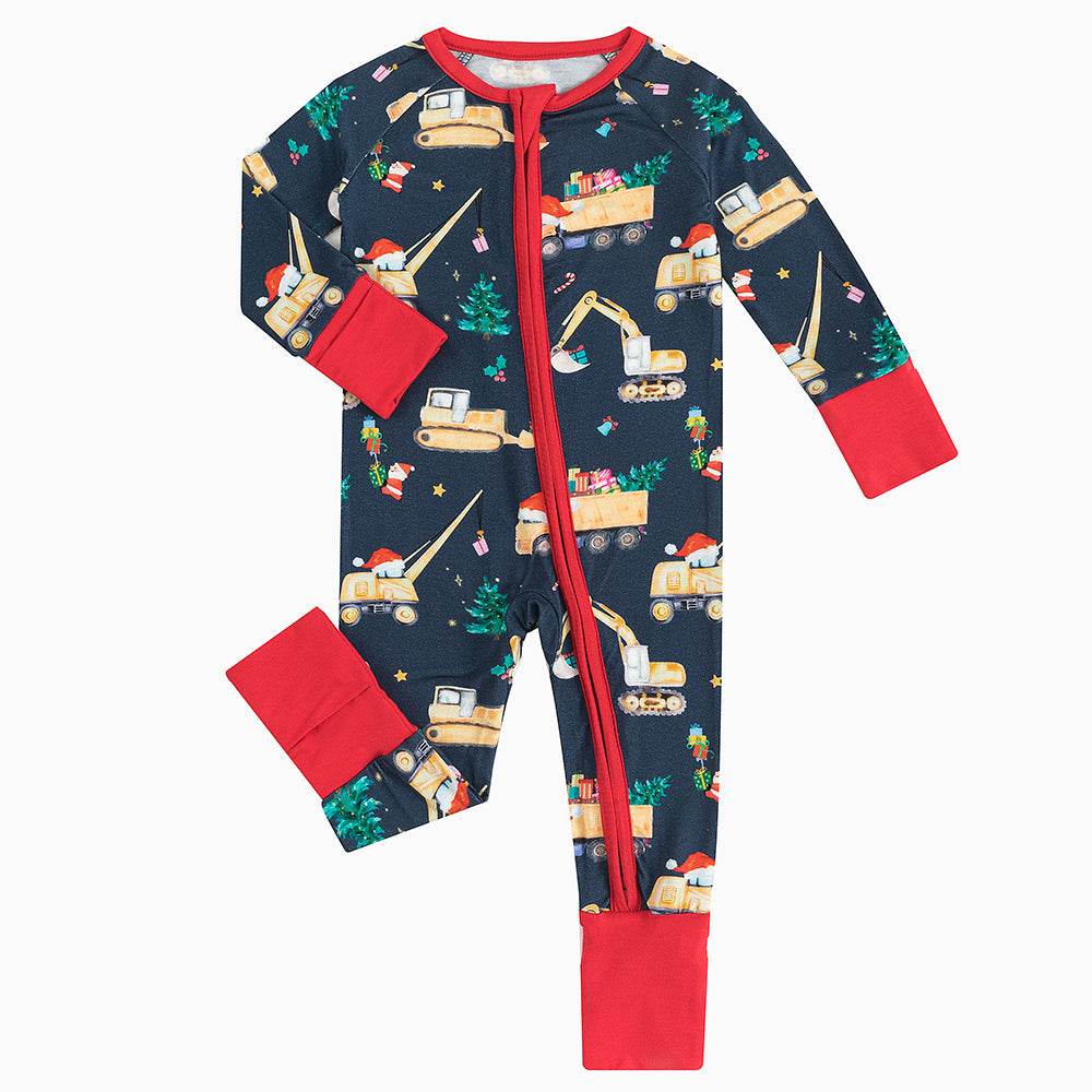 Christmas Digger Baby Bamboo Zipper Romper Pajamas