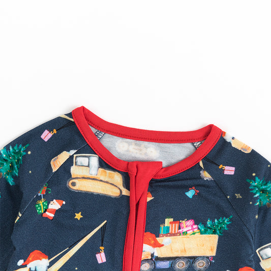 Christmas Digger Baby Bamboo Zipper Romper Pajamas bamboo clothing design - baby apparel bamboo clothing with custom design - baby wear front view