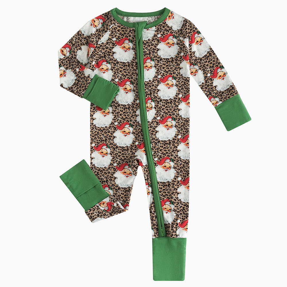 Christmas Leopard Santa Claus Baby Bamboo Zipper Romper Pajamas