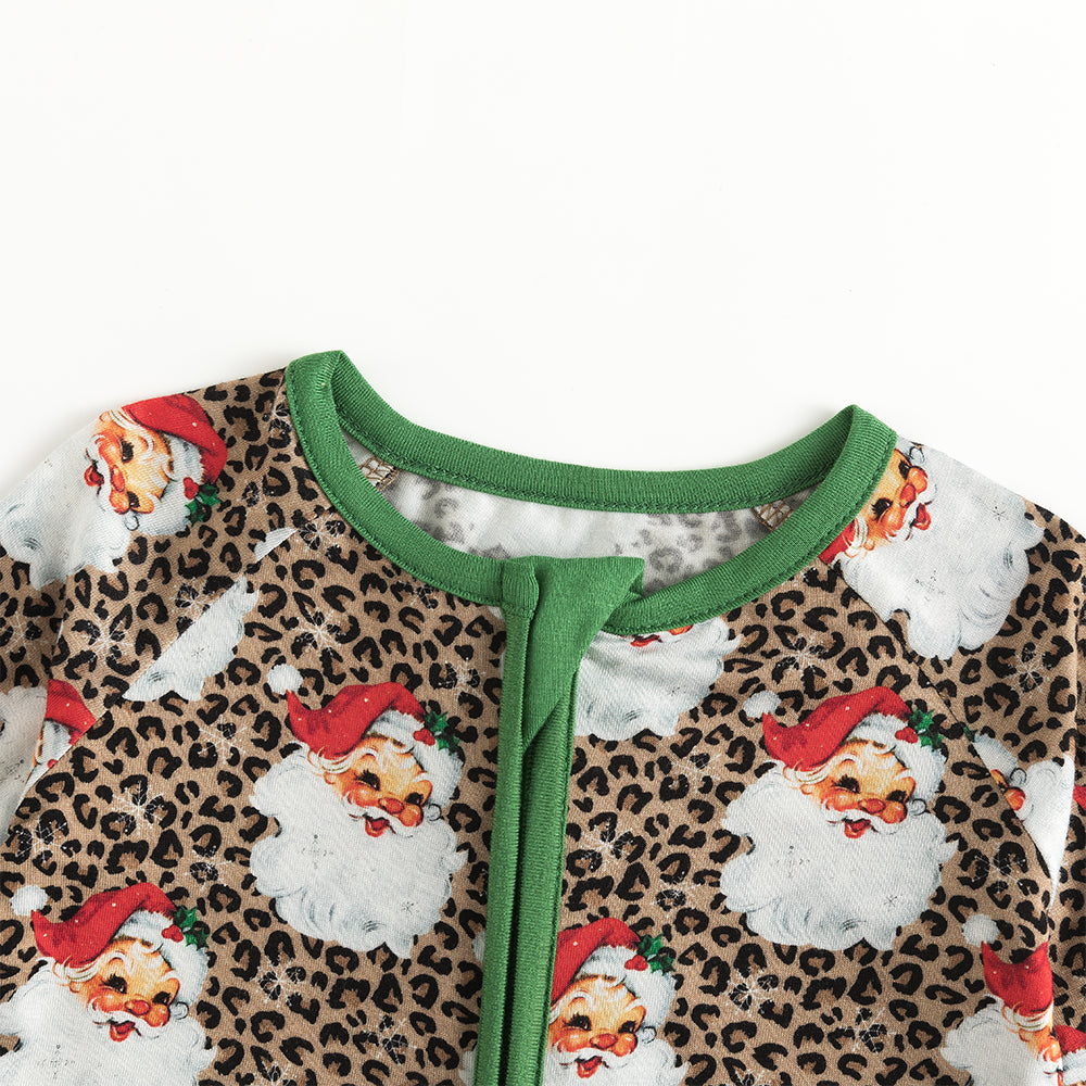 Christmas Leopard Santa Claus Baby Bamboo Zipper Romper Pajamas