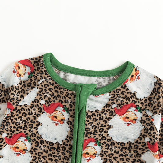 Christmas Leopard Santa Claus Baby Bamboo Zipper Romper Pajamas bamboo clothing design - baby apparel bamboo clothing with custom design - baby wear front view