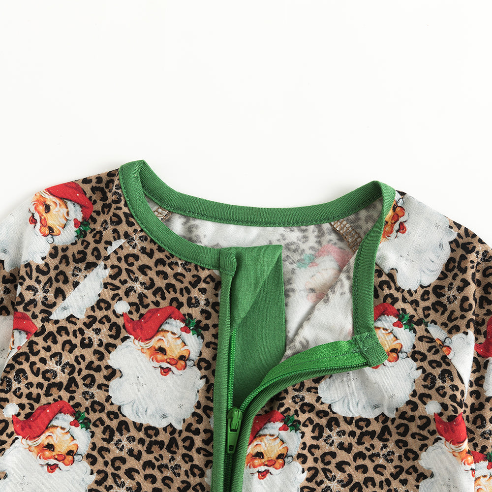 Christmas Leopard Santa Claus Baby Bamboo Zipper Romper Pajamas