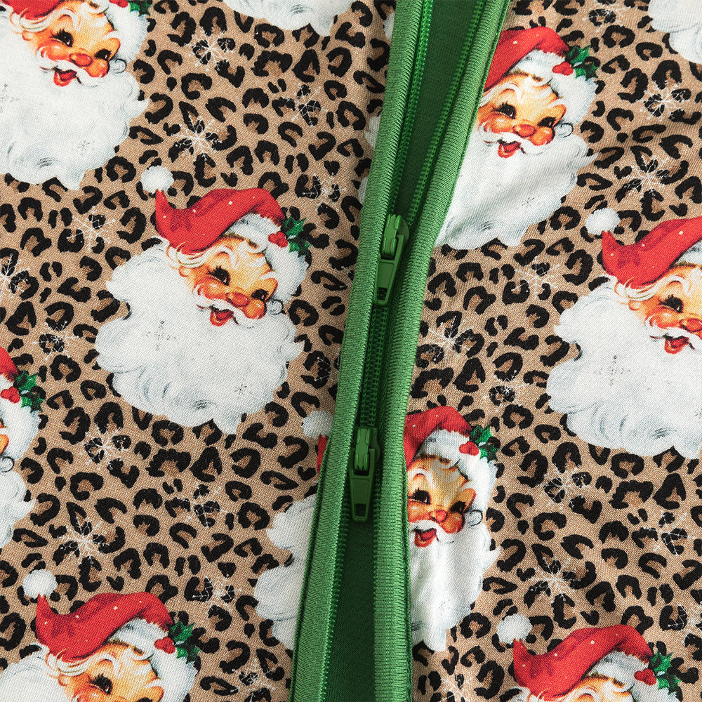 Christmas Leopard Santa Claus Baby Bamboo Zipper Romper Pajamas