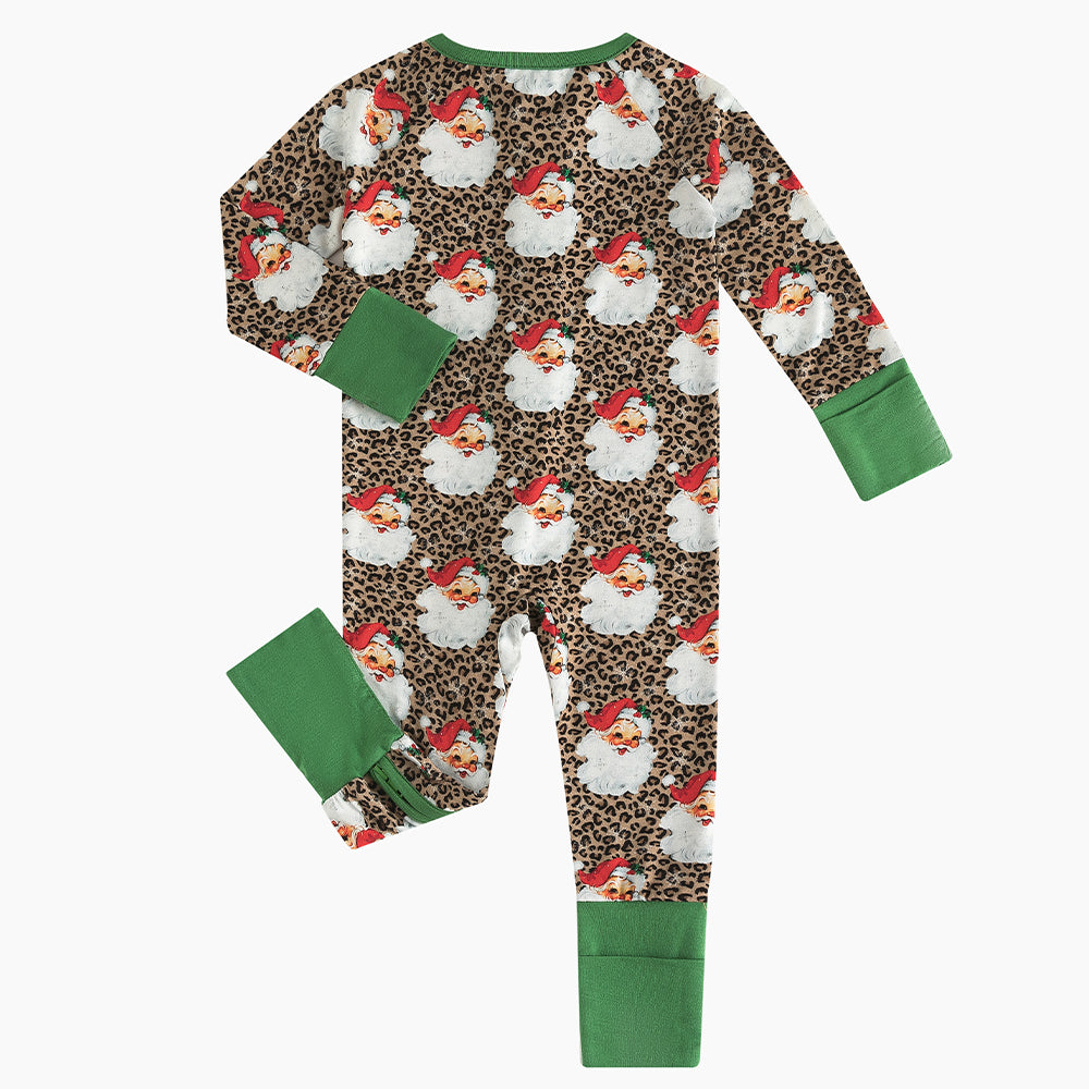Christmas Leopard Santa Claus Baby Bamboo Zipper Romper Pajamas