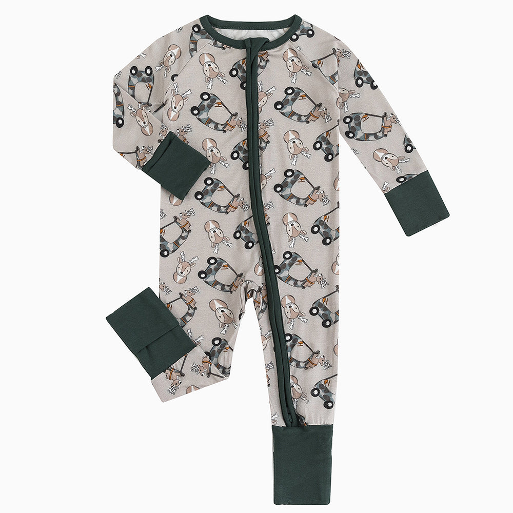 Christmas Deer Car Baby Bamboo Zipper Romper Pajamas