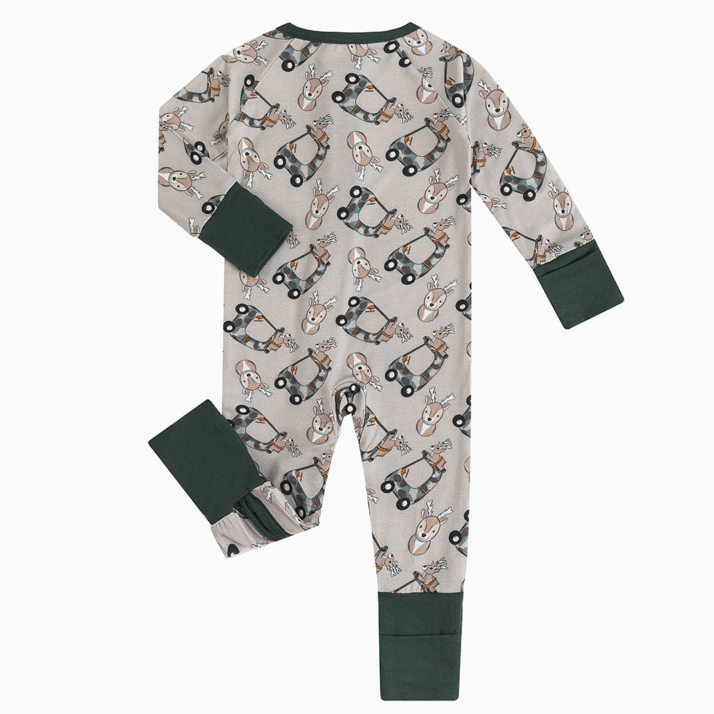 Christmas Deer Car Baby Bamboo Zipper Romper Pajamas