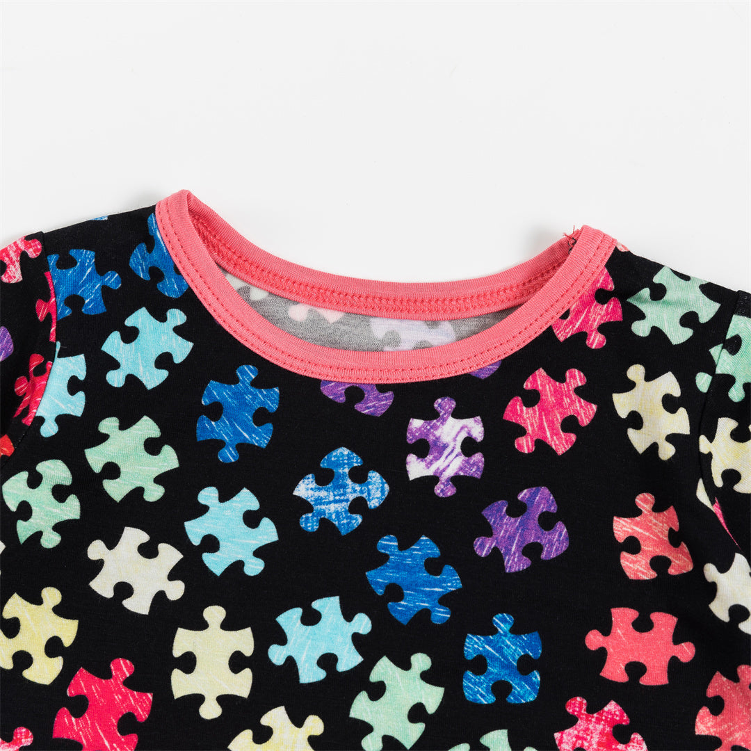 Multicolor Puzzle Print Bamboo Kids Pajama Short Sets