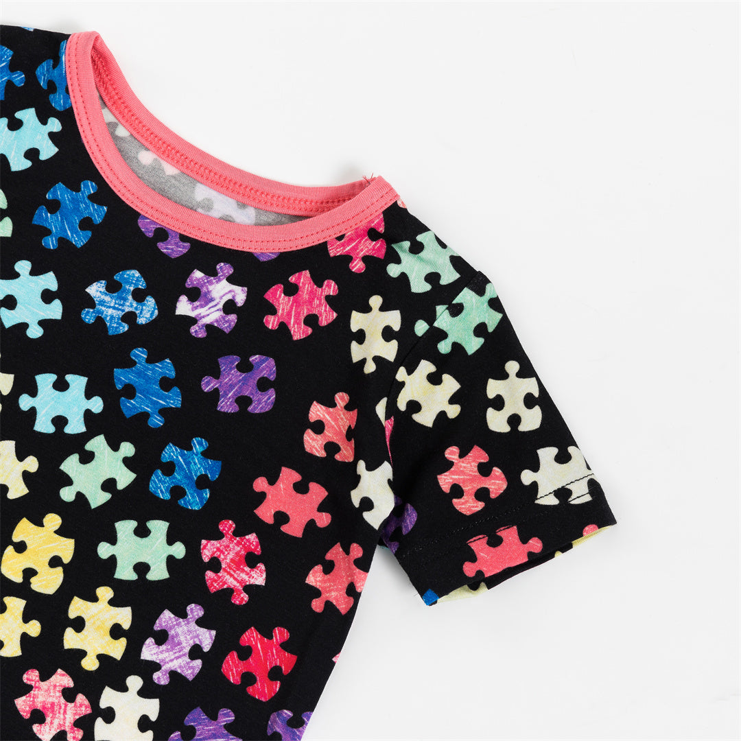 Multicolor Puzzle Print Bamboo Kids Pajama Short Sets