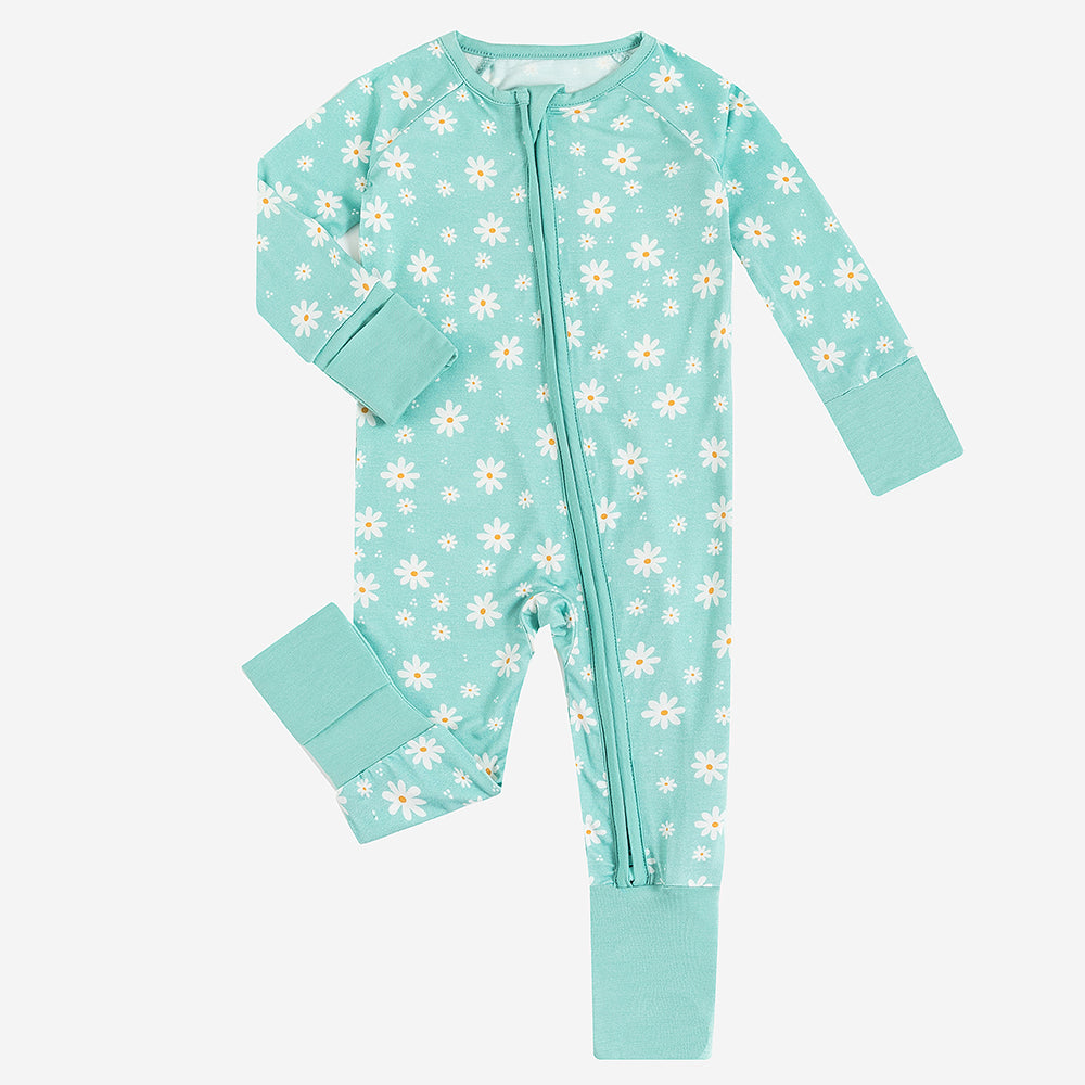 White Daisy Baby Bamboo Zipper Romper Pajamas