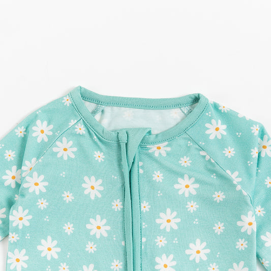 White Daisy Baby Bamboo Zipper Romper Pajamas bamboo clothing design - baby apparel bamboo clothing with custom design - baby wear front view