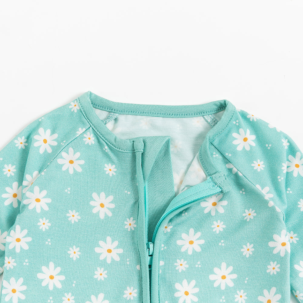 White Daisy Baby Bamboo Zipper Romper Pajamas