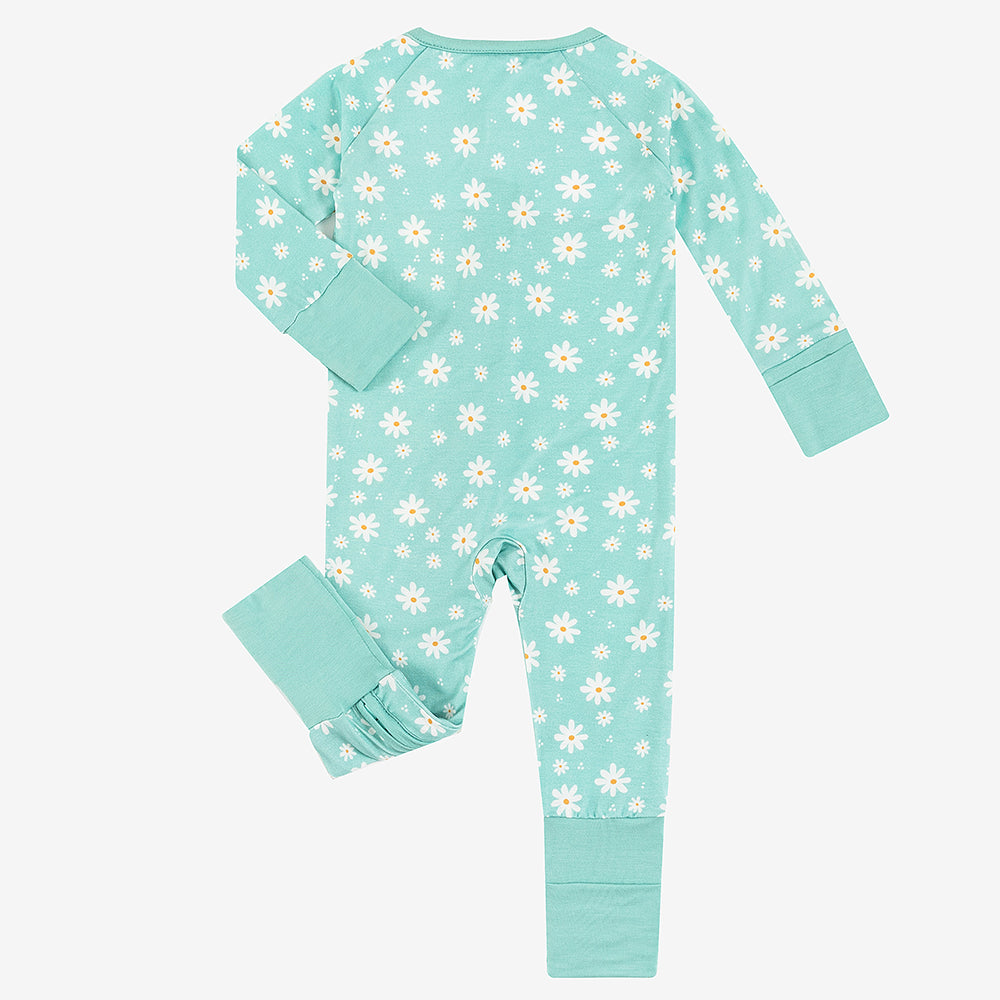 White Daisy Baby Bamboo Zipper Romper Pajamas