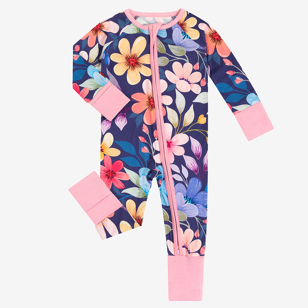 Colorful Flowers Leaves Baby Bamboo Zipper Romper Pajamas