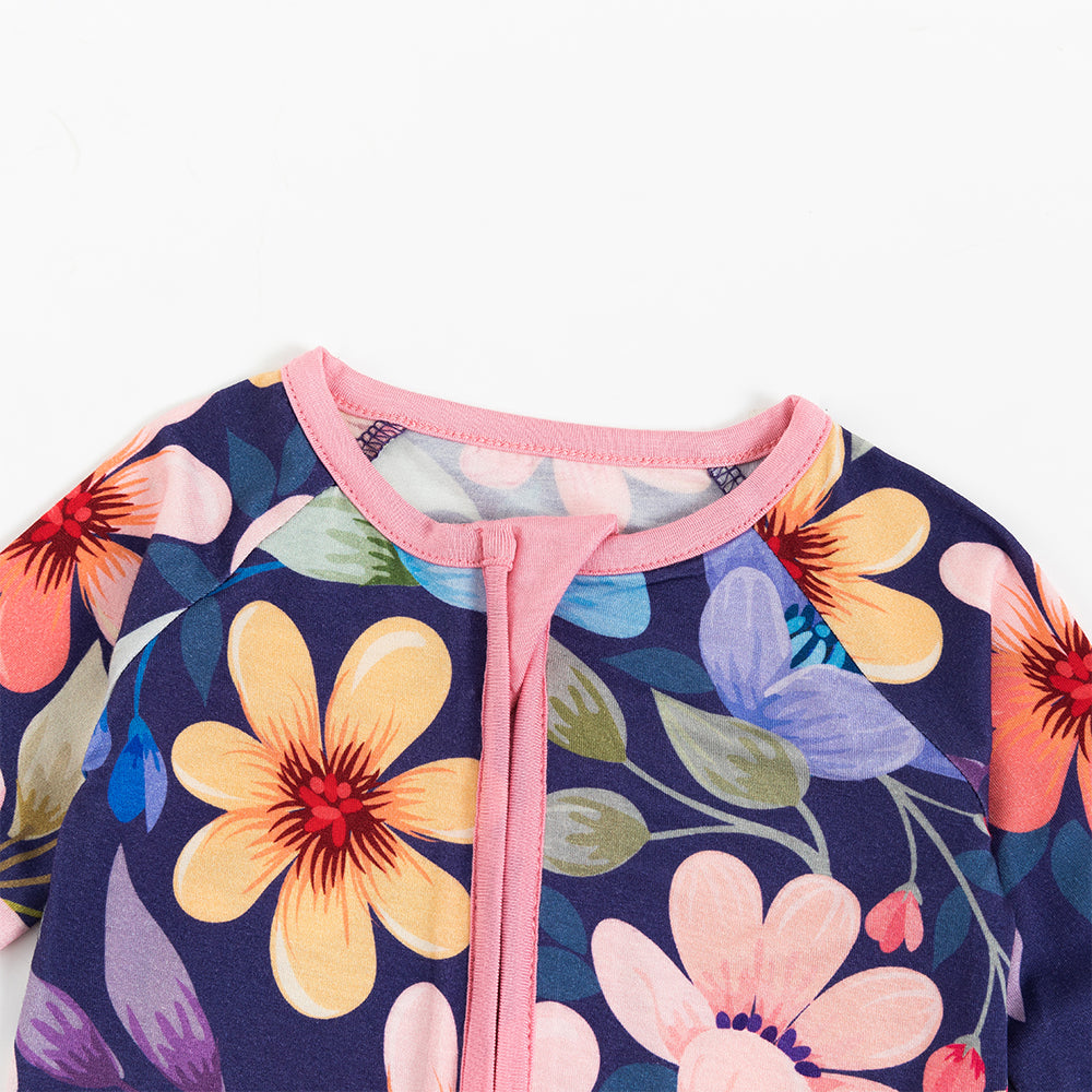 Colorful Flowers Leaves Baby Bamboo Zipper Romper Pajamas